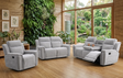 Somerton manual reclining suite in sleek Light Grey fabric, styled in a minimalist, modern living room  at the furniture store ni
