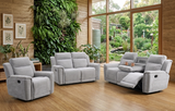 Somerton manual reclining suite in sleek Light Grey fabric, styled in a minimalist, modern living room  at the furniture store ni