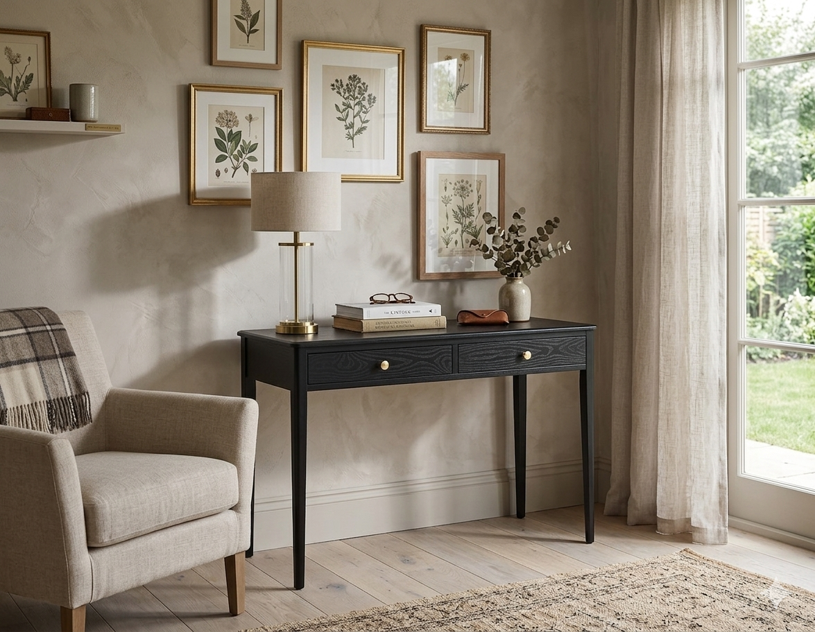 Acton 2-drawer console table showcasing its rich black finish, slender architectural silhouette, and elegant contrasting gold handles at the furniture store ni