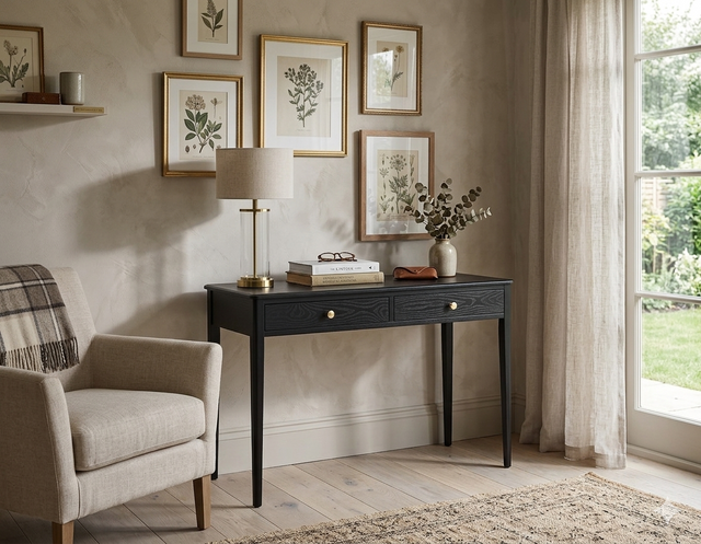 Acton 2-drawer console table showcasing its rich black finish, slender architectural silhouette, and elegant contrasting gold handles at the furniture store ni
