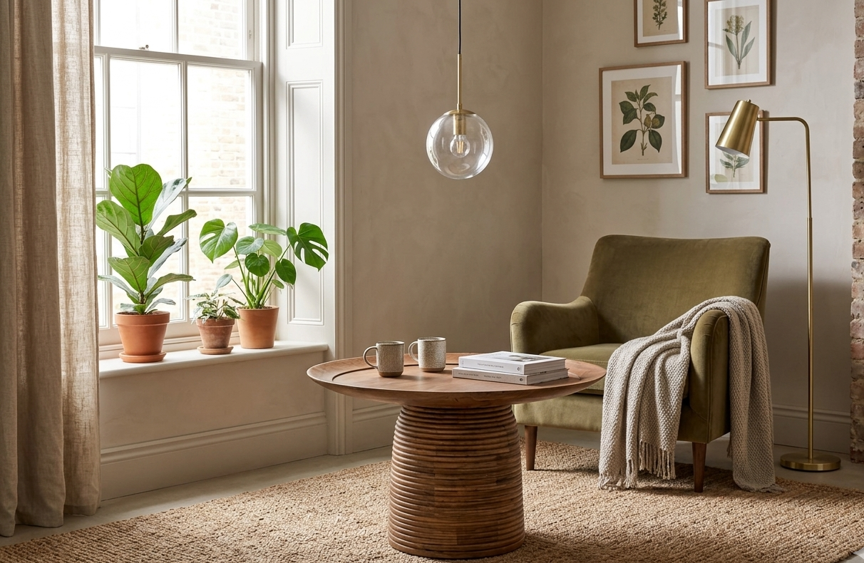  Belmonte round mango wood coffee table highlighting its rich natural timber grain, creatively sculpted 'beehive' ribbed base, and wide overhanging tray top at the furniture store ni