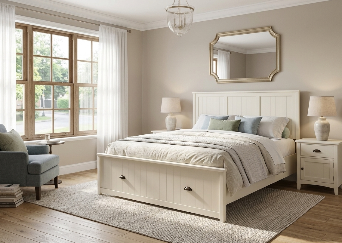 Eton traditional 1-drawer storage bedframe in a soft white painted finish, showcasing the beautifully panelled headboard and classic metal handle detail at the furniture store ni