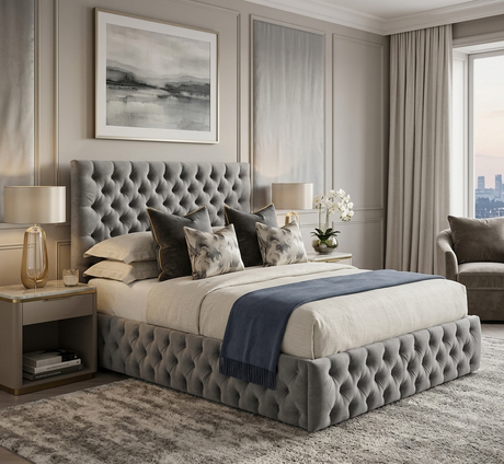 Rosa Grey Bedframe featuring deep button tufting on the headboard and frame furniture store ni