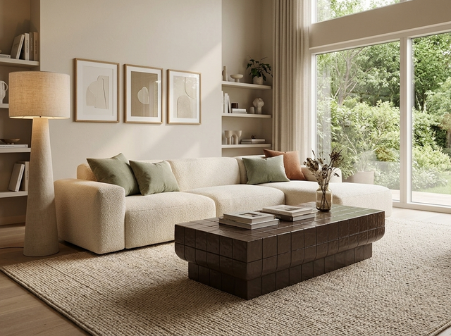 Novara contemporary coffee table crafted from charcoal brown glazed glass concrete, showcasing its sleek low-profile and retro faux tile surface detail at the furniture store ni