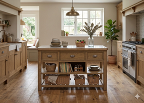 Hardwick large oak kitchen island showcasing its premium, durable marble countertop, warm wood grain finish, and multiple open storage shelves at the furniture store ni