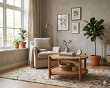 Cannes round coffee table showcasing its rich, warm acacia wood grain, smooth circular top, and woven rattan lower storage shelf at the furniture store ni