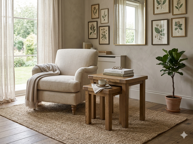 Hardwick nest of 2 tables showcasing their warm natural oak wood grain finish, clean classical lines, and robust solid frame construction at the furniture store ni