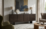Onda contemporary 4-door sideboard in a rich matte charcoal brown oak finish, highlighting the fluid slatted wave pattern stretching across the cabinet fronts at the furniture store ni
