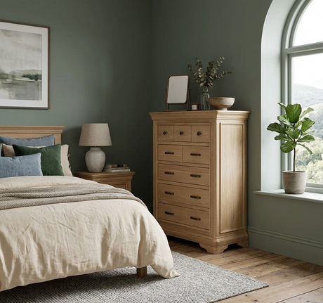 Oslo Light Oak 8 Drawer chest with thick tiered top and solid plinth base at furniture store ni.