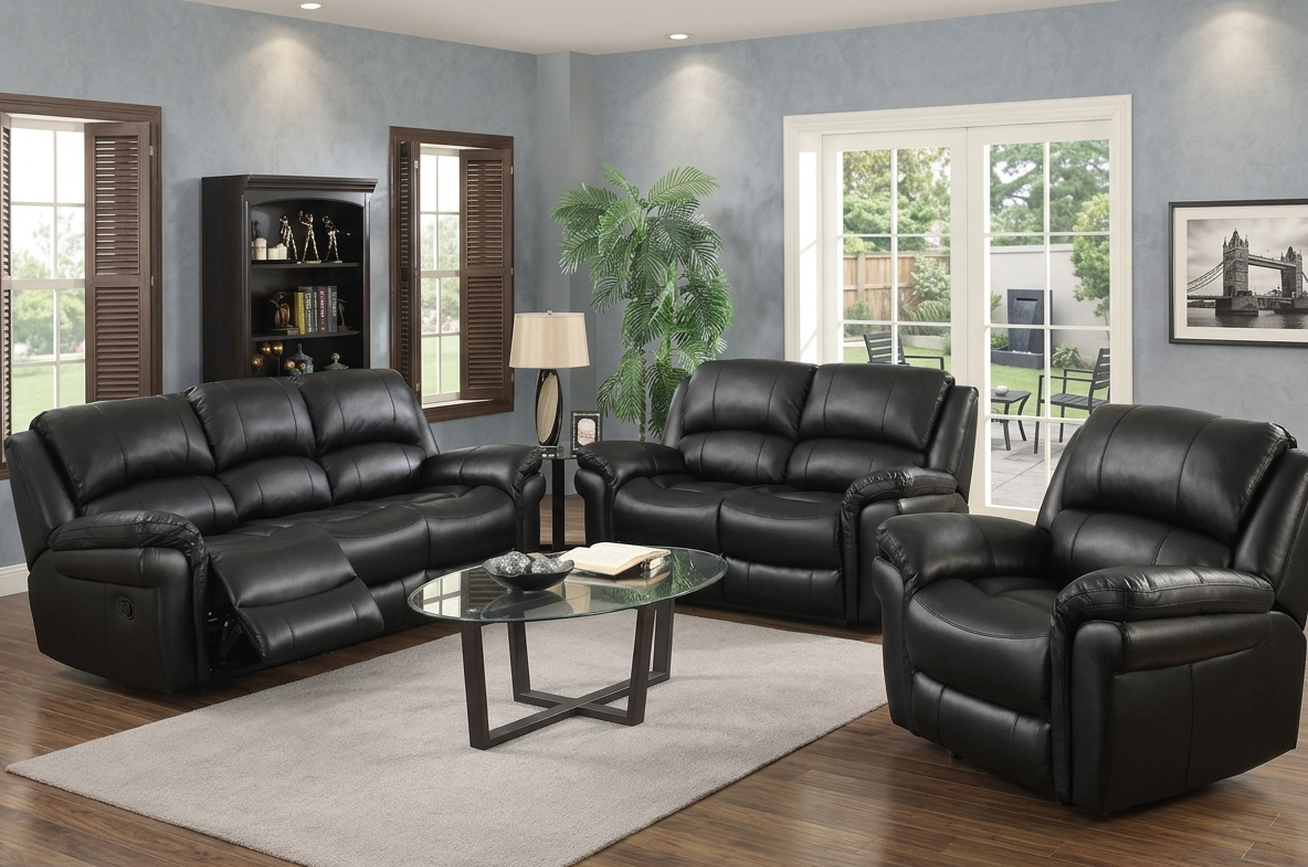 Farnham 3+1+1 suite manual recliner sofa in premium black leather air, showcasing the high headrest and plush cushioning in a minimalist living room at the furniture store ni
