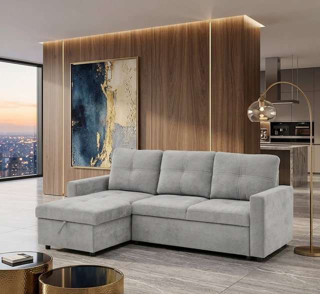 Lilly grey corner sofa bed with reversible chaise, featuring modern grey upholstery and integrated storage compartment at the furniture store ni
