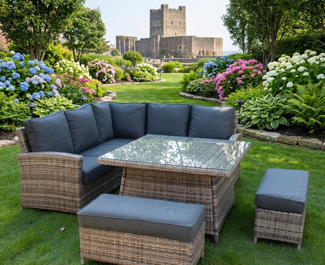 Maldives rattan garden corner sofa set with glass-top table, cushions, and additional stools set on a patio at the furniture store ni