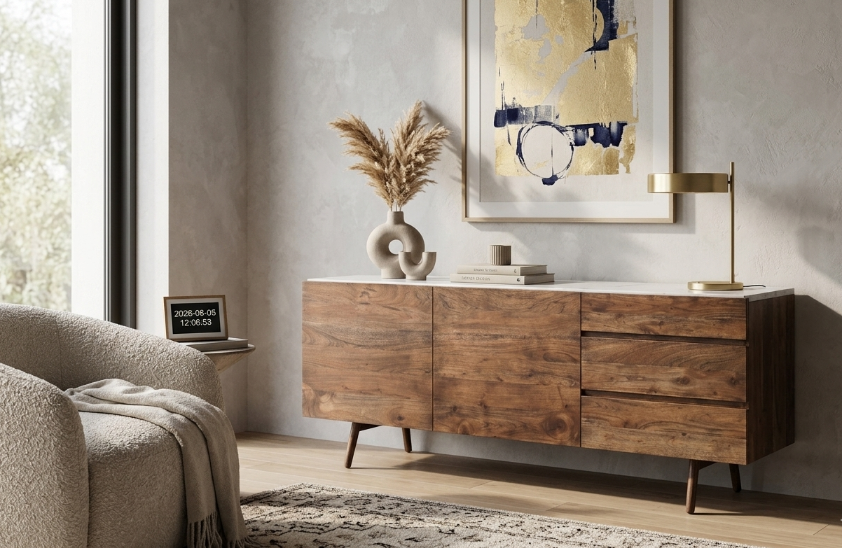 Barcelona contemporary 2-door 3-drawer sideboard featuring an iconic inlaid white marble top and a sleek, modern under-frame AT THE FURNITURE STORE NI