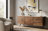 Barcelona contemporary 2-door 3-drawer sideboard featuring an iconic inlaid white marble top and a sleek, modern under-frame AT THE FURNITURE STORE NI