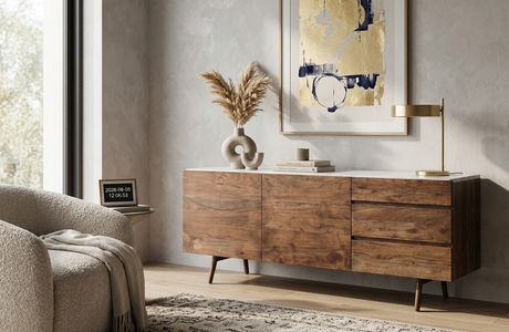 Barcelona contemporary 2-door 3-drawer sideboard featuring an iconic inlaid white marble top and a sleek, modern under-frame AT THE FURNITURE STORE NI