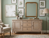 Artisan contemporary 2-door 3-drawer sideboard in a mellow lime wash oak finish, highlighting the turned bobbin detailing running down the corners at the furniture store ni