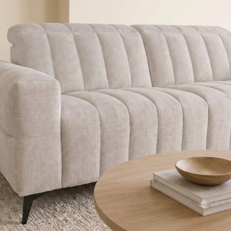 Samson 3-seater power recliner sofa upholstered in rich woven beige fabric, close up showing its modern 2-over-2 design in a clean living room setting.