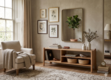Cannes acacia wood media unit showcasing its rich, warm timber grain, mid-century retro silhouette, and spacious split-shelf layout for electronics at the furniture store ni