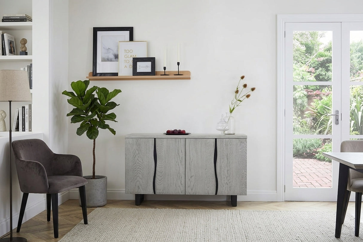 Main Product Image: Brooklyn grey oak large sideboard featuring its bold industrial silhouette, expressive grey-stained timber grain, and wide 130cm storage layout at the furniture store ni