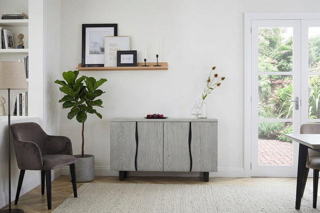 Main Product Image: Brooklyn grey oak large sideboard featuring its bold industrial silhouette, expressive grey-stained timber grain, and wide 130cm storage layout at the furniture store ni