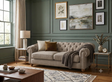 Modern 3-seater Chesterfield sofa showcasing its deep-buttoned back, in Celine husk elegant scrolled arms, and gracefully contoured silhouette sitting on solid ash legs Celine olive at the furniture store ni 