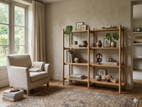Cannes wide 4-tier open display unit made from warm acacia wood, showcasing its retro rounded uprights and slim, elegant shelves at the furniture store ni