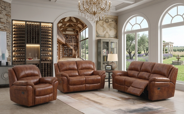 Farnham Ultra Electric 3+1+1 suite in Tan fabric, featuring a 3-seater sofa and two armchairs in a professionally styled, minimalist living room at the furniture store ni
