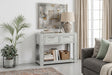 Amsterdam grey washed oak 2-drawer console table showcasing its 100cm wide surface, subtle grey-washed oak grain finish, and two front drawer at the furniture store ni
