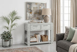 Amsterdam grey washed oak 2-drawer console table showcasing its 100cm wide surface, subtle grey-washed oak grain finish, and two front drawer at the furniture store ni