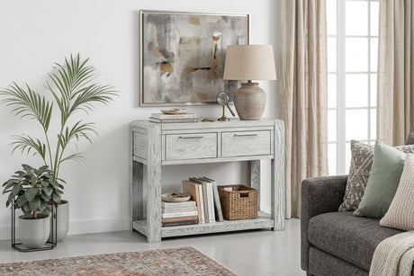 Amsterdam grey washed oak 2-drawer console table showcasing its 100cm wide surface, subtle grey-washed oak grain finish, and two front drawer at the furniture store ni