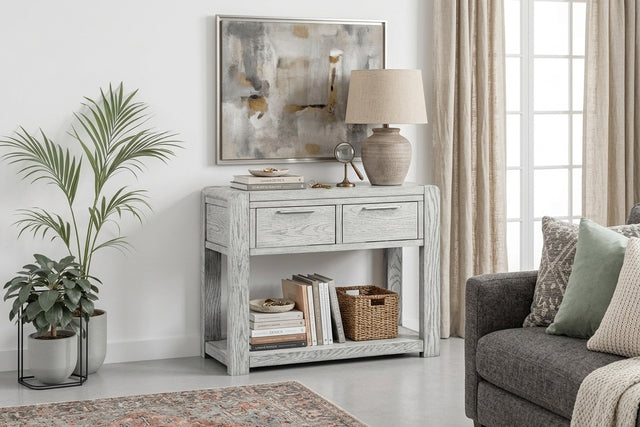 Amsterdam grey washed oak 2-drawer console table showcasing its 100cm wide surface, subtle grey-washed oak grain finish, and two front drawer at the furniture store ni