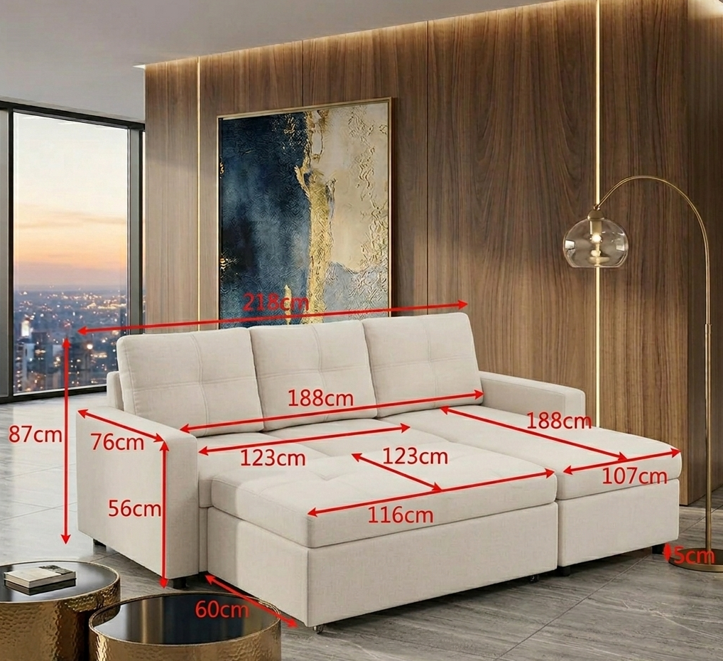 Lilly beige corner sofa bed with reversible chaise, featuring modern grey upholstery and integrated storage compartment at the furniture store ni