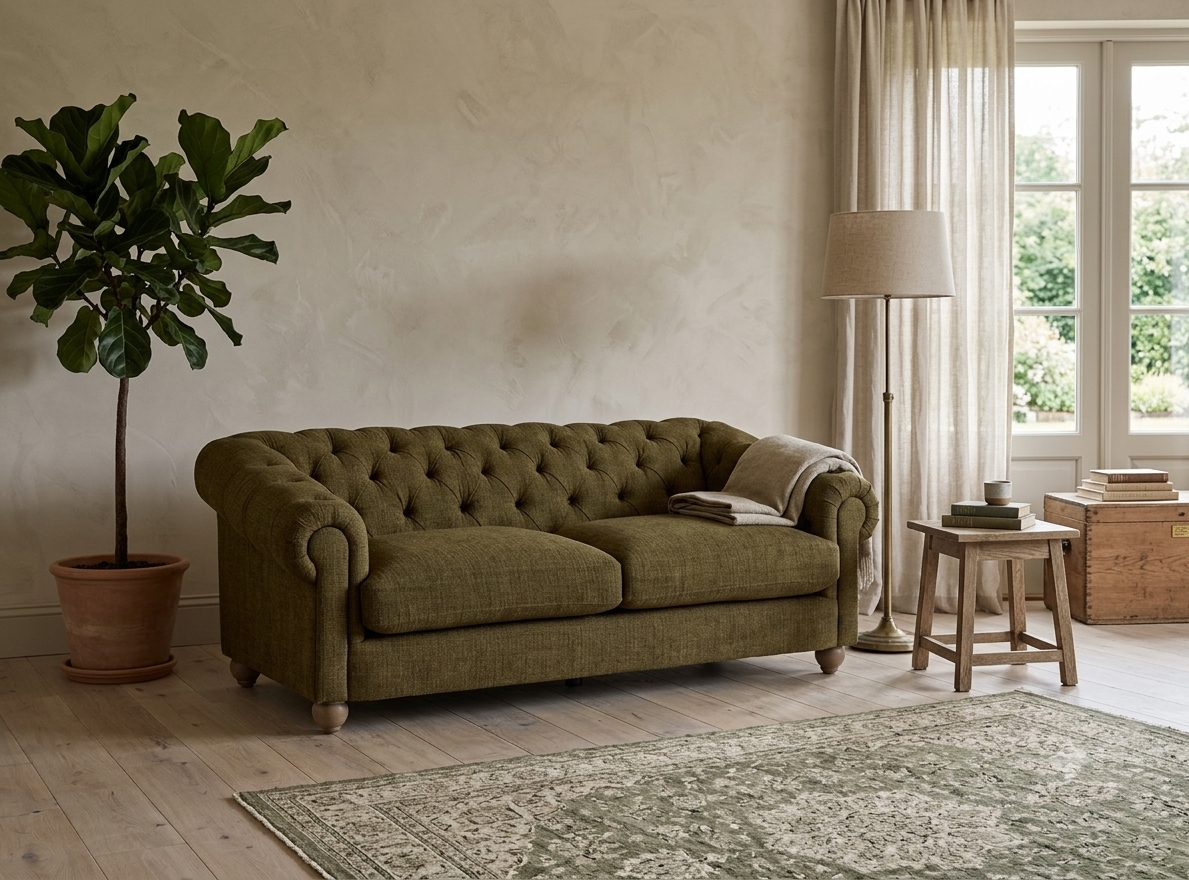 Modern 3-seater Chesterfield sofa showcasing its deep-buttoned back, elegant scrolled arms, and gracefully contoured silhouette sitting on solid ash legs at the furniture store ni