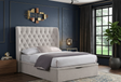 Clara gas lift storage bed in chic Beige fabric, featuring a beautifully tufted buttoned headboard in a bright, minimalist bedroom setting at the furniture store ni