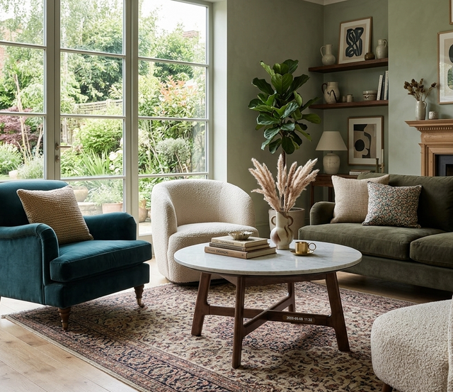 Barcelona contemporary round coffee table with a premium white marble top, styled as a sophisticated centerpiece in a modern living room at the furniture store ni
