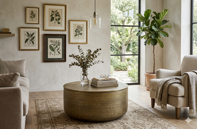 Ashta round embossed metal coffee table highlighting its glistening, hand-pressed metallic texture and low-profile contemporary silhouette at the furniture store ni
