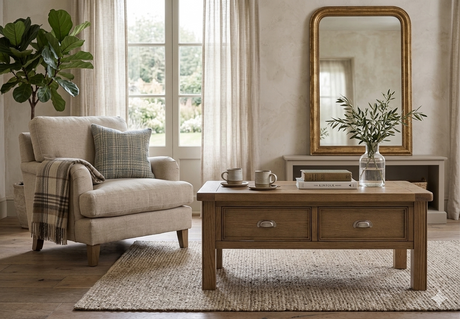 Hardwick 2-drawer coffee table showcasing its warm natural oak wood grain finish, robust solid construction, and classic metal drawer handles at the furniture store ni
