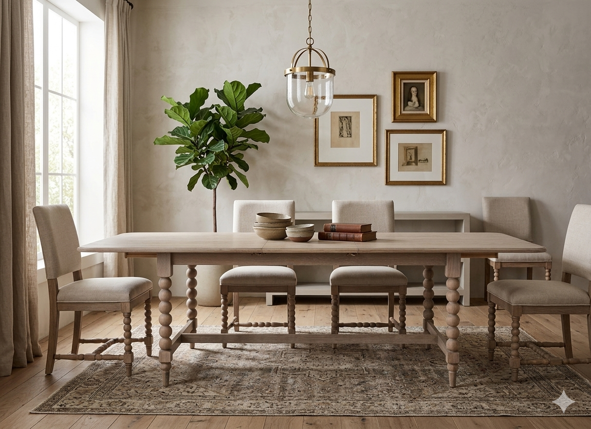 Discover the Artisan extending dining table. Features a soft lime wash finish, solid oak craftsmanship, a versatile extending top, and hand-turned bobbin legs AT THE FURNITURE STORE NI