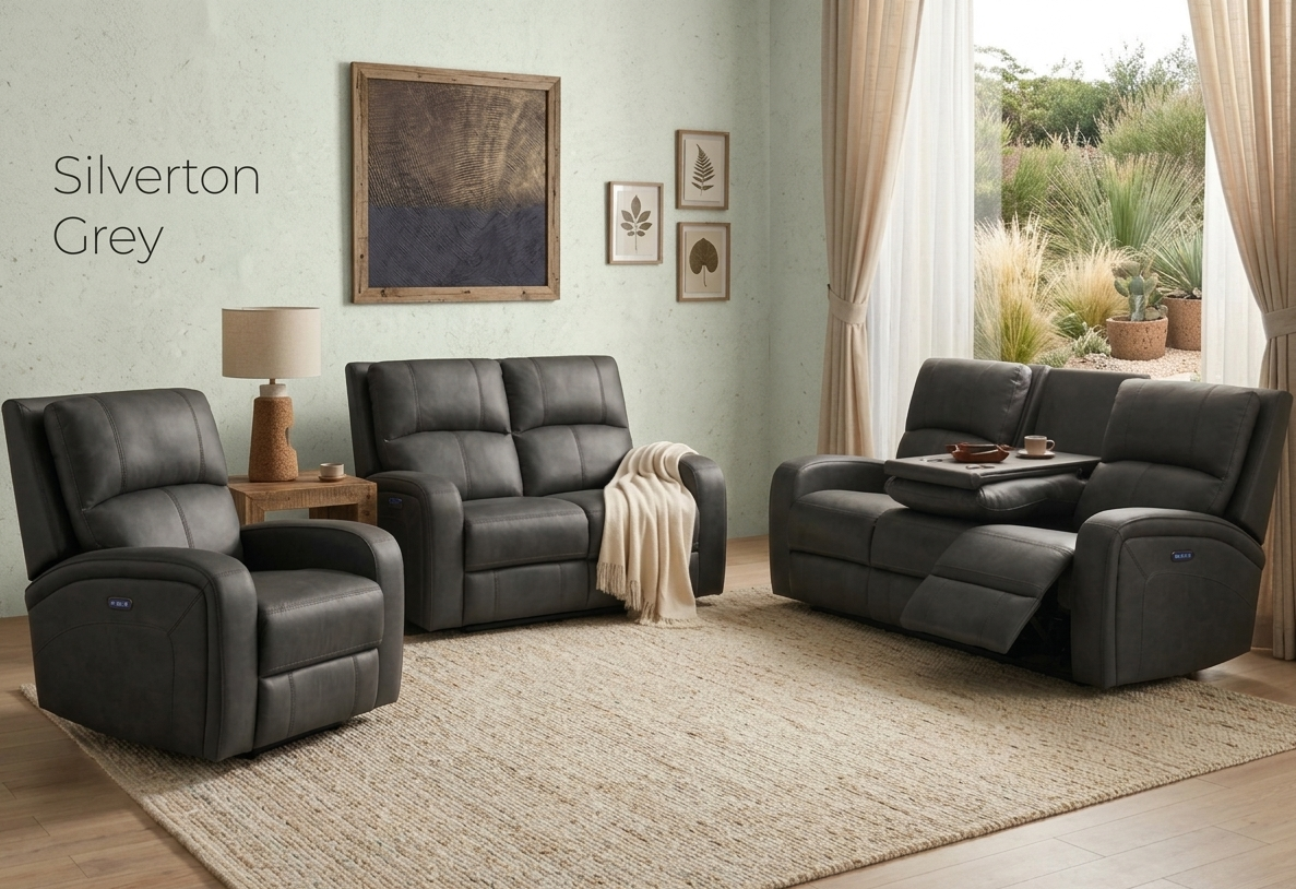 Silverton 3+1+1 electric recliner suite in grey fabric, including 3-seater with console and two armchairs at the furniture store ni