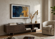 Onda contemporary 1-drawer coffee table in a rich matte charcoal brown oak finish, showcasing its unique slatted wave drawer front and low-profile design at the furniture store ni