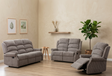 Windsor full electric reclining 3+2 suite in soft Latte Fabric, featuring high backs and traditionally designed scroll arms in a styled living room at the furniture store ni