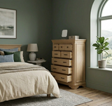 Oslo Light Oak 8 Drawer styled in a bright, modern rustic bedroom interior furniture store ni
