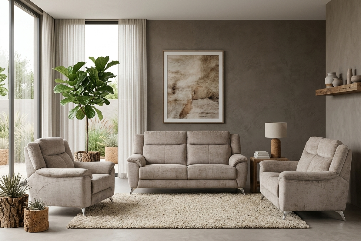 Monroe electric 3+1+1 suite in neutral Fossil fabric, elegantly styled in a modern living room setting at the furniture store ni