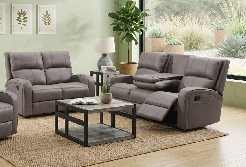 Silverton 3+1+1 manual recliner suite in taupe fabric, including 3-seater sofa with console and two matching armchairs at furniture store ni