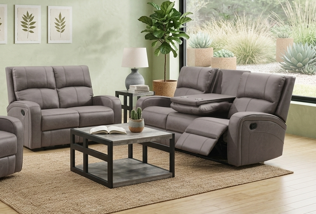 Silverton 3+1+1 manual recliner suite in taupe fabric, including 3-seater sofa with console and two matching armchairs at furniture store ni