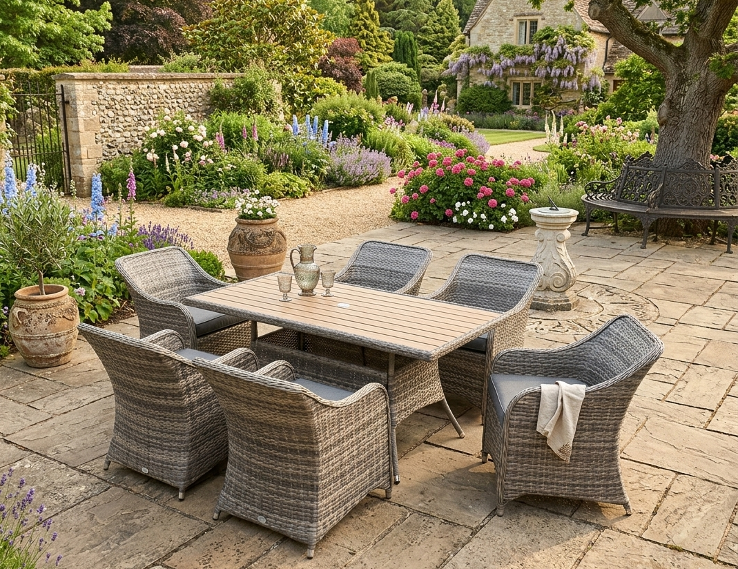 Valencia garden dining set with stylish wicker chairs, polyester cushions, and a sleek Polywood-topped rectangular table at the furniture store ni