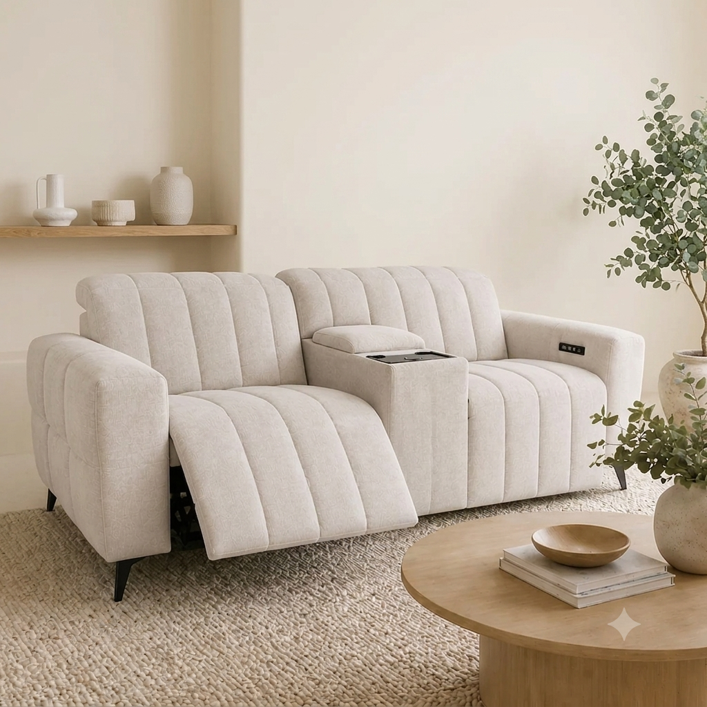 Samson 2-seater power recliner sofa with center console, upholstered in rich woven beige fabric, set in a modern home theater setup at the furniture store ni
