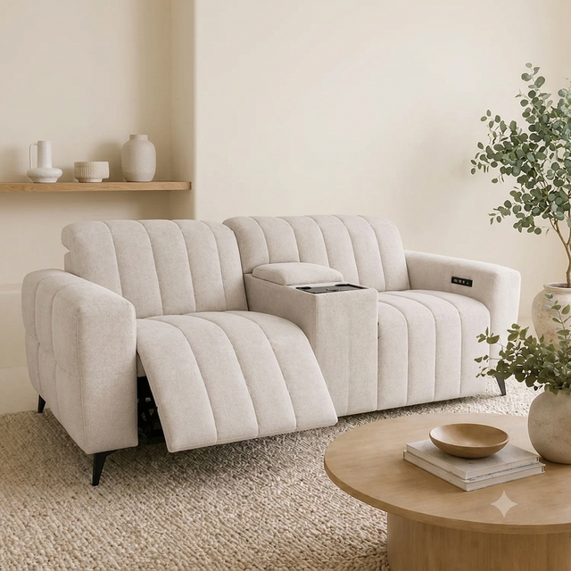 Samson 2-seater power recliner sofa with center console, upholstered in rich woven beige fabric, set in a modern home theater setup at the furniture store ni