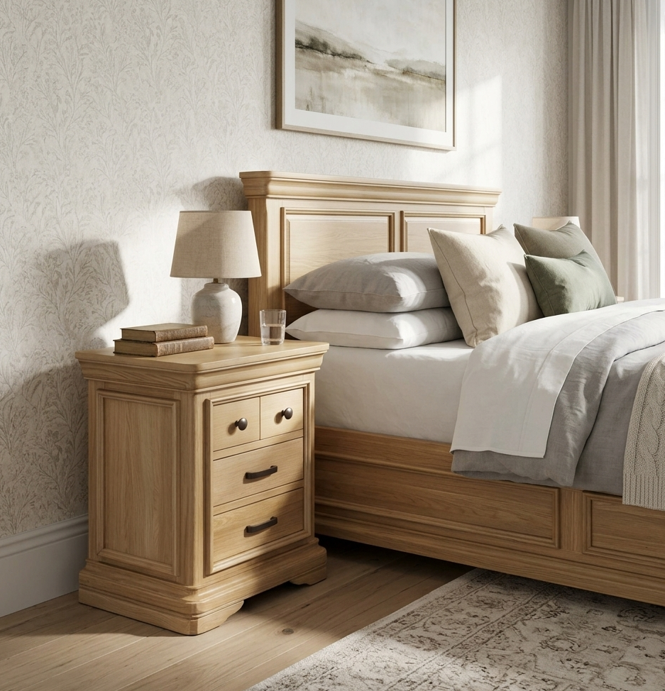 Oslo 4-drawer bedside cabinet in a light oak finish, featuring a thick tiered-top and contemporary handles, displayed in a stylish bedroom setting. furniture store ni