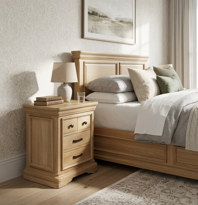 Oslo 4-drawer bedside cabinet in a light oak finish, featuring a thick tiered-top and contemporary handles, displayed in a stylish bedroom setting. furniture store ni